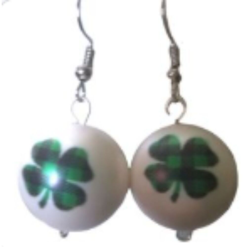 4 Leaf Clover 20mm Gumball Style 1" Dangle Earrings St Patrick's Day Never Worn
